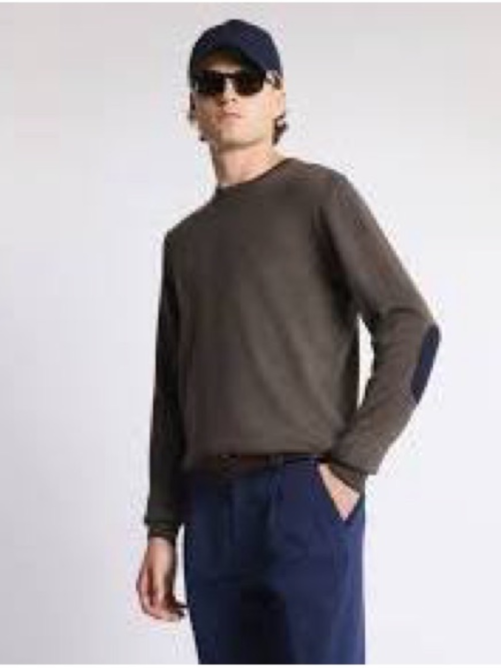 Frank & Oak Olive Crewneck Sweater with Navy Elbow Patches